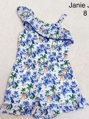 Janie and Jack White One-Shoulder Palm & Giraffe Print Dress with Blue Trim